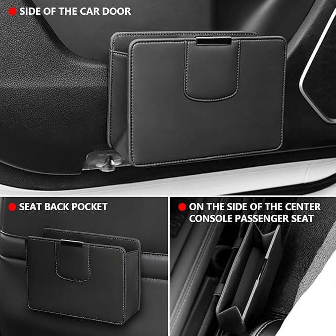 Car Trash Can, Leather Auto Garbage Bin, Magnetic Litter Storage Container, Mini Portable Foldable Vehicle Interior Hanging Dustbin Accessories, Universal for SUV, Truck, RV（Black）
