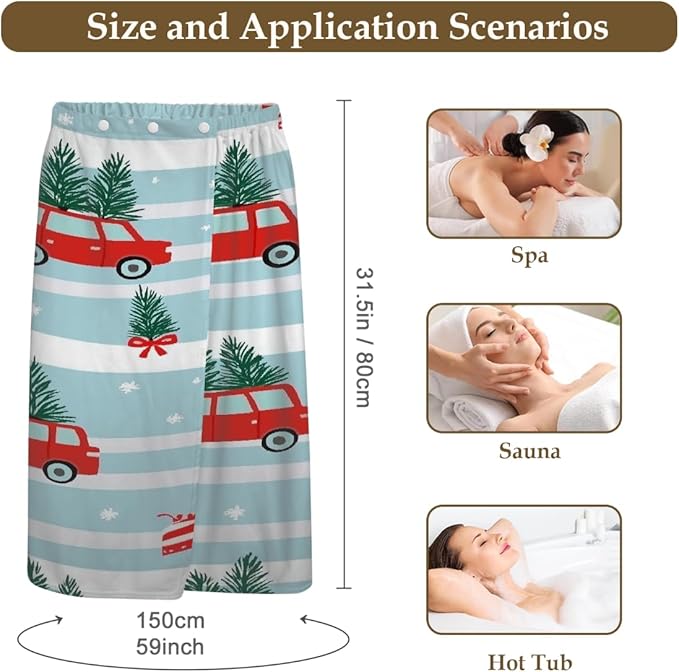 Towel Wrap for Women, Wearable Towel Dress Spa bathrobe with Adjustable Closure(Christmas Car Cartoon Stripes)