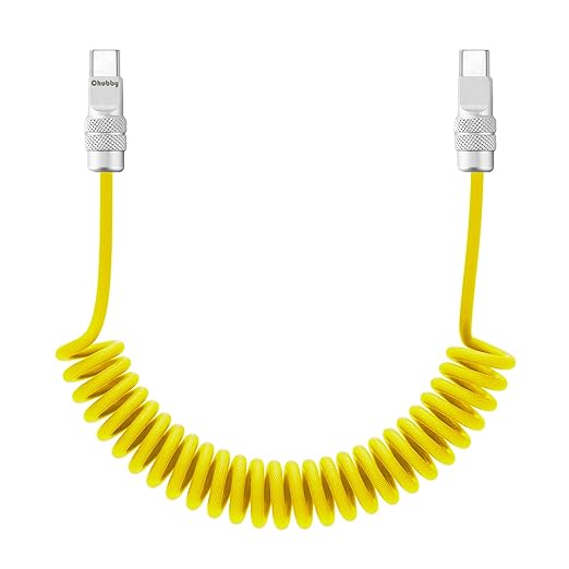 chubbycable Curly Chubby 240W Coiled USB C Fast Charging Cable Durable Braided Charger Cord for Car Compatible with iPhone 17-15 Series iPad, Yellow, Type-C to Type-C, 2.13FT-6.56FT