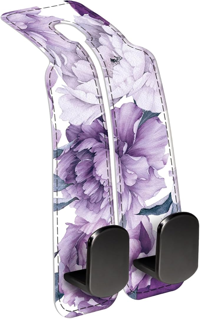 Car Seat Back Storage Headrest Hook, Premium Leather Double Metal Hook, Hanger Storage Organizer for Purse Cloth Bag, Car Interior Accessories Purple Cute Flowers