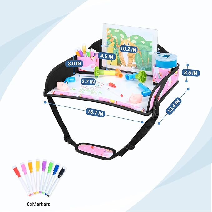 COOLBEBE Kids Travel Tray for Toddler Car Seat, Travel Tray for Airplane, Toddler Car Seat Lap Tray, Carseat Table Tray for Kids (Pink Unicorn, 2Pack)