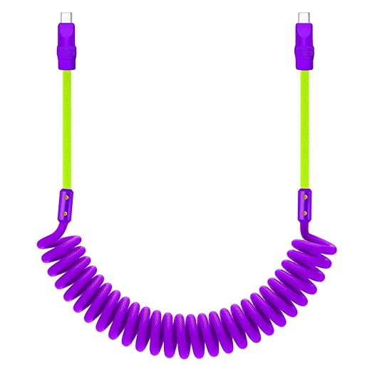 chubbycable Curly Chubby 240W Coiled USB C Cable Retractable Fast Charging Cable for Car Charger Cord Compatible with iPhone 17-15 Series, Purple+Green, Type-C to Type-C, 2.29FT-3.6FT