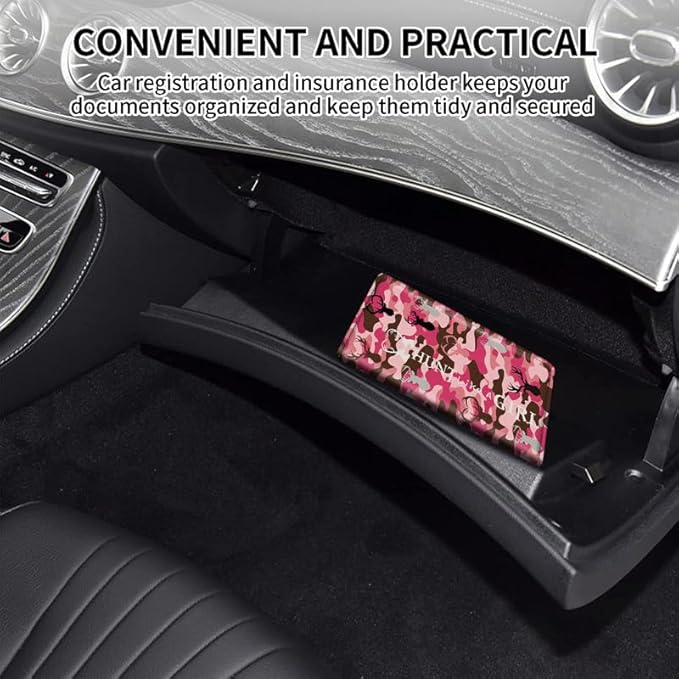 Car Registration and Insurance Card Holder, Vehicle License Documents Glove Box Compartment Organizer Wallet, ID Card Holder for Car Essentials Automobile, Pink Camo Camouflage