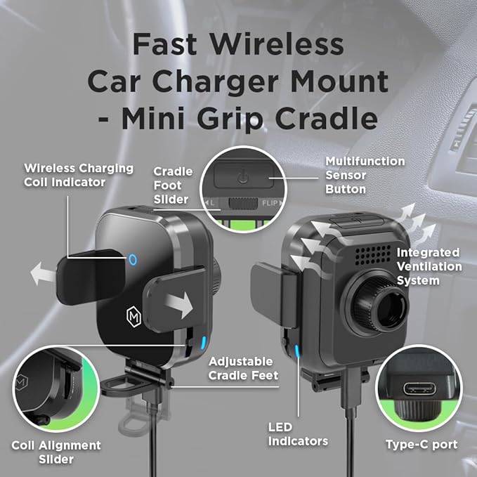 Fast Wireless Car Charger Cup Holder Phone Mount - Mini Grip Cradle Version 2.0,15W Qi Charging, Adjustable Stand, Fits iPhone 15, 14, 13, Samsung Galaxy Z Flip 3/4, S24, and More - Secure Auto-Grip