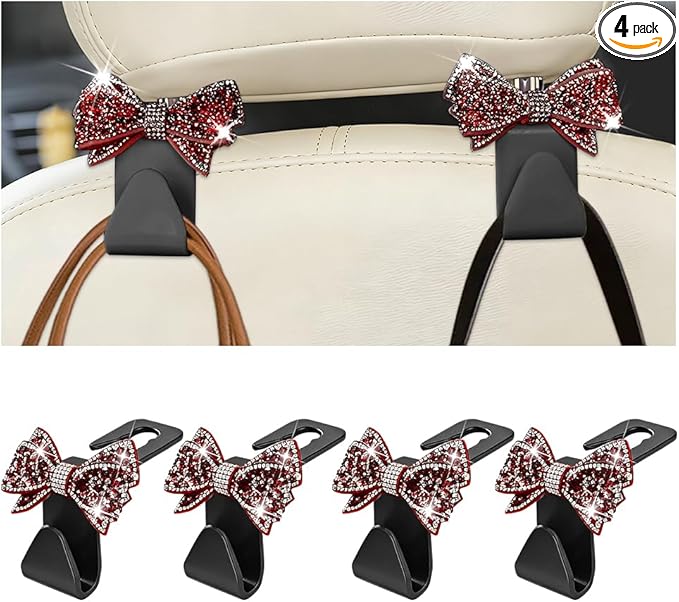 Zpana Bling Car Headreat Hook, 2PCS Crystal Rhinestone Cute Bow Vehicle Seat Back Hanger Storage for Purses Bags Grocery, Diamond Auto Rear Seat Organizer, Universal for SUV Truck Sedan (Red)