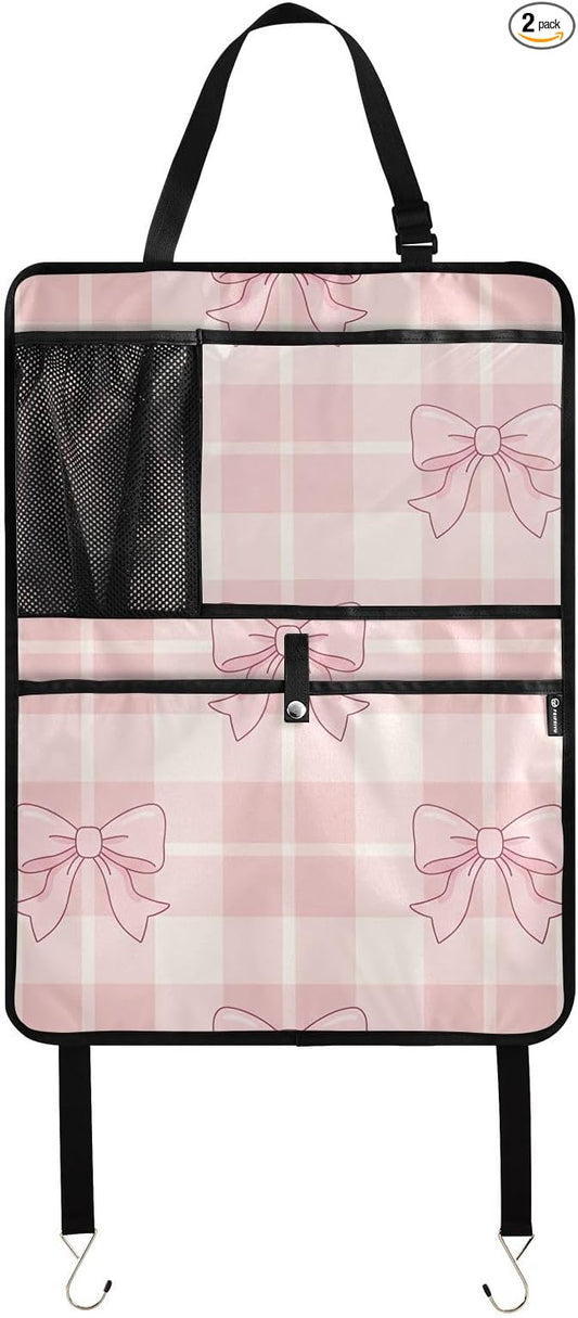 Pink Bows Backseat Organizer 2 Pack Kick Mats with Pockets Backseat Protector Seat Covers for Car Storage Travel Accessories