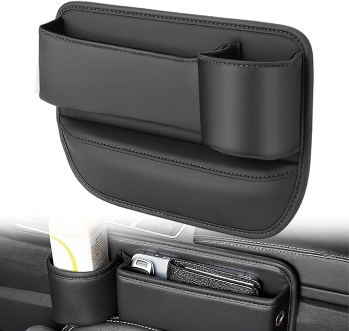 Car Leather Cup Holder Gap Bag, Adjustable Car Seat Gap Storage Box Leather with Cup Holder, for Keys, Cards, Phone, Sunglasses, Multi-Purpose Essentials Organizer (Black, Passenger Seat)