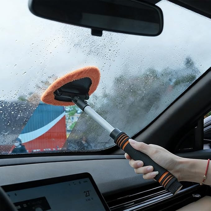 HZEL Car Windshield Cleaner Tool with Extendable Handle, Vehicle Glass Wiper Window Cleaning Tool with 2 Reusable Microfiber Pad, Auto Windscreen Detailing Cleaner Kit, Universal Fit (Triangle Orange)