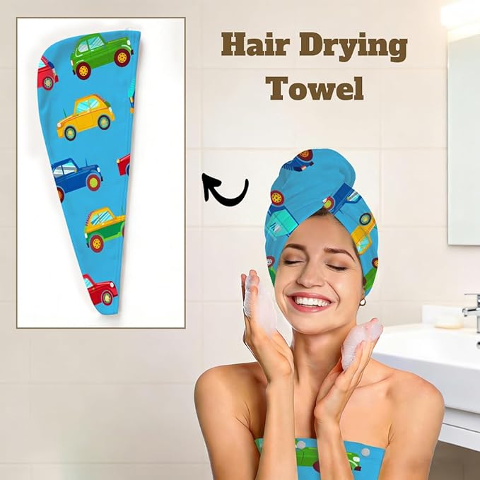 Women Bath Wrap Hair Towel Drying Cap Set Cartoon Car Pattern Soft Absorbent Bathrobe Shower Wraps with Adjustable Closure Spa Bath Robe
