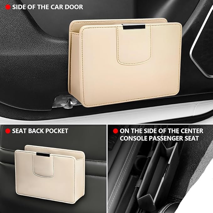 Car Trash Can, Leather Auto Garbage Bin, Magnetic Litter Storage Container, Mini Portable Foldable Vehicle Interior Hanging Dustbin Accessories, Universal for SUV, Truck, RV（Beige）