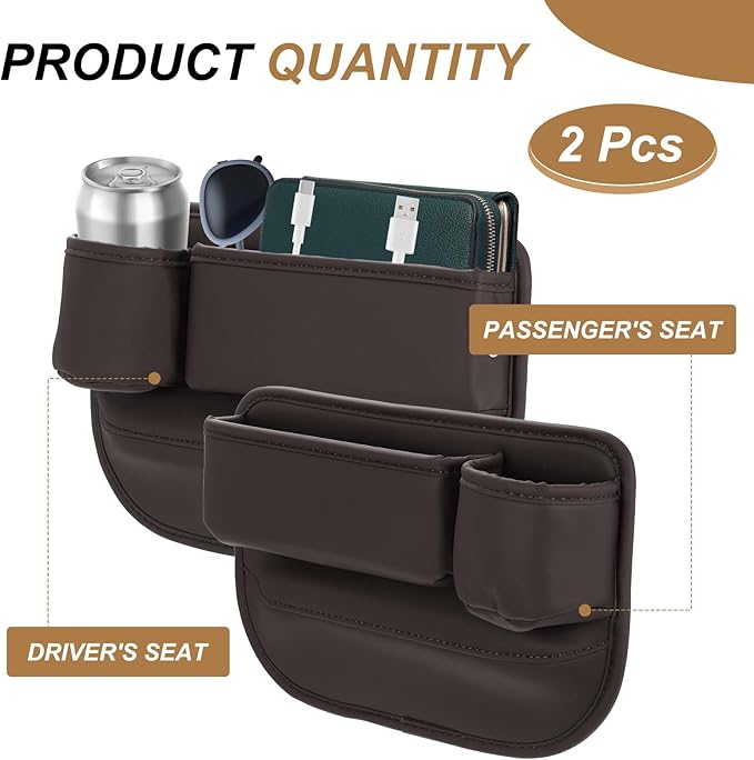 HARFINGTON 2pcs Car Seat Gap Filler Organizer 11.8 x 8.3 x 2.2 Inch PU Universal Car Organizer Storage Box Between Seat and Console (Left+Right) with Cup Holders for Phone Keys, Brown
