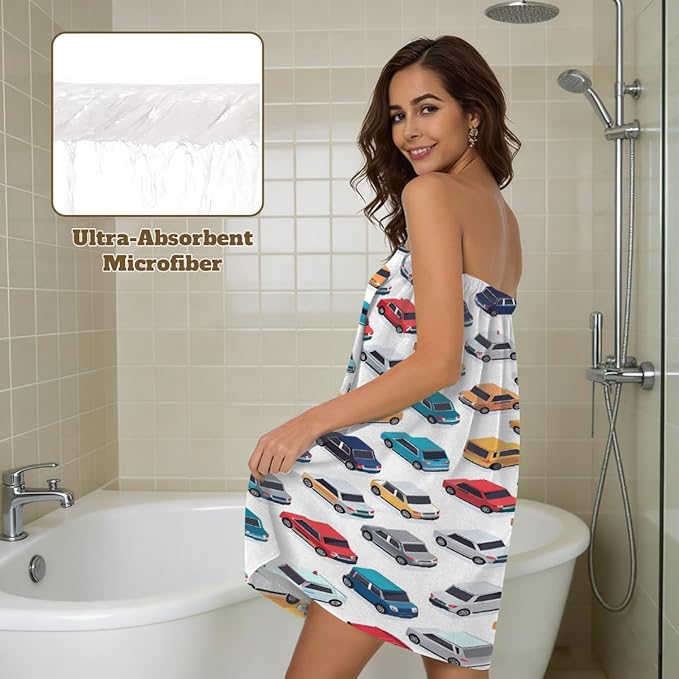 Women's Bath Wrap Colorful Cars Pattern Print Absorbent Shower Spa Body Bath Robe Wraps Bathrobe Towel with Adjustable Closure