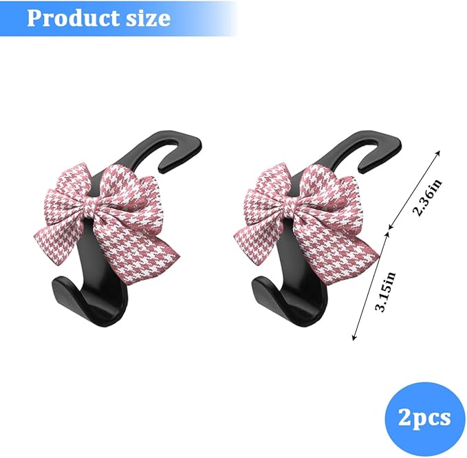 2PCS Car Seat Headrest Hooks, Cute Bow Vehicle Backseat Storage Hanger for Handbag Umbrella Coat, Automotive Seat Back Hook Holder Organizer Decor, Universal for Vehicles (Pink Houndstooth)