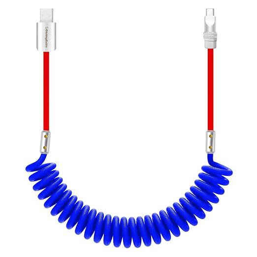 chubbycable Curly Chubby 120W Coiled USB C Cable Retractable Fast Charging Cable for Car Charger Cord Compatible with iPhone 17-15 Series, Red+Dark Blue, USB-A to Type-C, 2.29FT-3.6FT