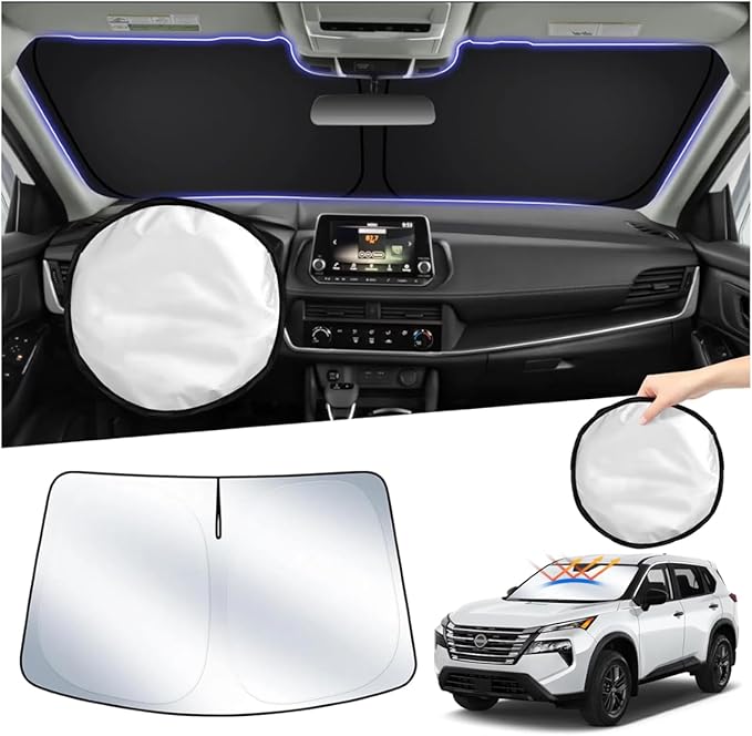 T TGBROS Windshield Sun Shade Custom Fit for 2021-2023 2024 2025 Nissan Rogue Accessories Foldable Sun Shield Reflective Polyester Sun Visor Cover Block Heat and Sun Protection