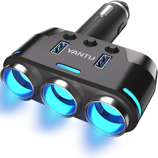 Car Cigarette Lighter Splitter, Self-Recovery Fuse & Separate Switch, 3-Socket Cigarette Lighter Splitter with Dual USB Port Fast Car Charger, 12/24v Car Adapter Splitter for Phone GPS Dash Cam