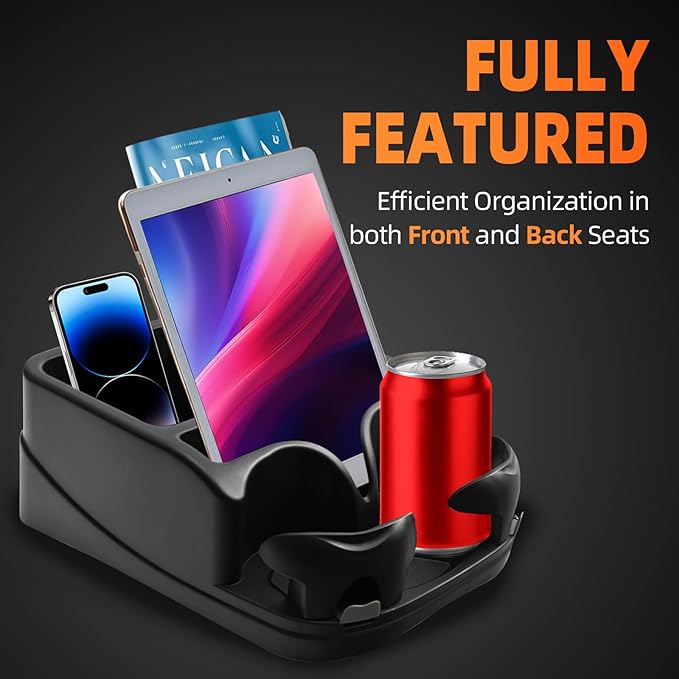 Car Console Organizer, Car Seat Organizer with 2 Adjustable Cup Holders, Center Console for Cars, Trucks, Minivans, SUVs, Vehicle Organizer, 3 Large Storage Compartment (Black)