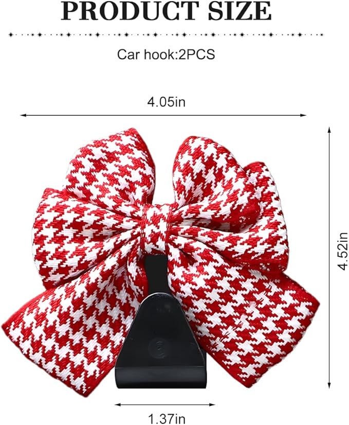 Cute Bow Car Seat Headrest Hooks, 2PCS Multifunctional Vehicle Rear Seat Hanging Hooks, Automotive Interior Seatback Storage Organizer for Purses Bags, Universal Fit (Red/Houndstooth)