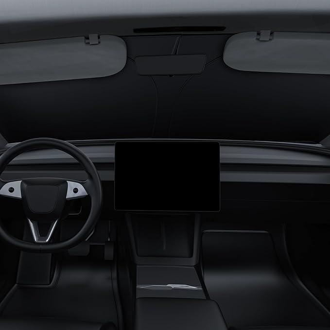 BASENOR 2017-2026 Tesla Model Y Model 3 Windshield Sunshade, (Proprietary Design) Folding Front Window Sun Shade Full Cover, Heat UV Protection Visor Accessories
