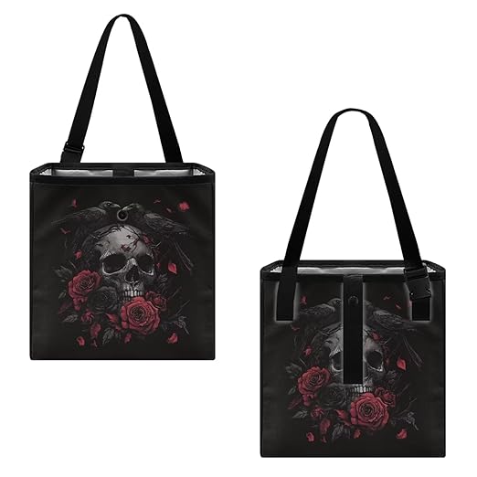 Crow Skull Rose Print Car Trash Can Leakproof Trash Bin Car Garbage Can Hanging Water-Resistant Collapsible Auto Trash Bag Halloween Decor Car Accessories for Women Men