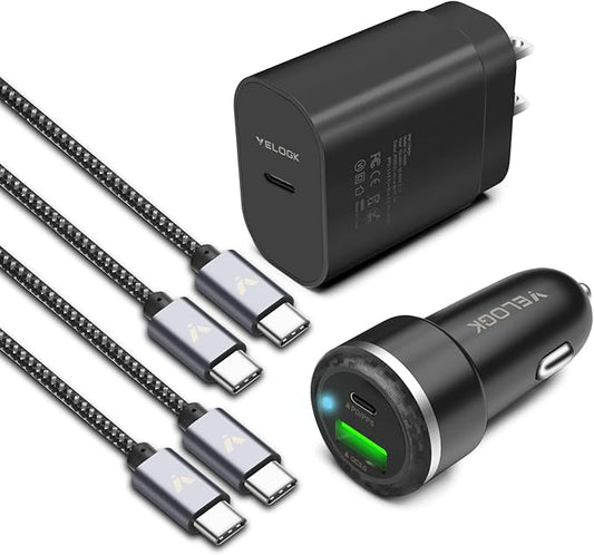Super Fast Charger Type C Kit, VELOGK 25W PD PPS USB C Wall/Car Charger for Samsung Galaxy S24/S23 Ultra/S23+/S23/S22/S21/S20/Plus/Ultra/FE/Note 20/A71, iPad Pro, with 2X Nylon USB C-to-C Cable(6.6ft)