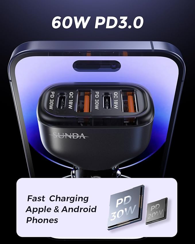 SUNDA 60W USB C Fast Car Charger, 4-Ports Car Charger Adapter, Dual Type C PD30W/PPS30W Compatible with iPhone17/16 Pro/Max/iPhone15/Galaxy/SamsungS25, Dual USB-A 18W QC3.0 for Android(Gray)
