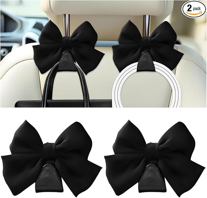 Cute Bow Car Seat Headrest Hooks, 2PCS Multifunctional Vehicle Rear Seat Hanging Hooks, Automotive Interior Seatback Storage Organizer for Purses Bags, Universal for SUV Sedan Truck (Black)
