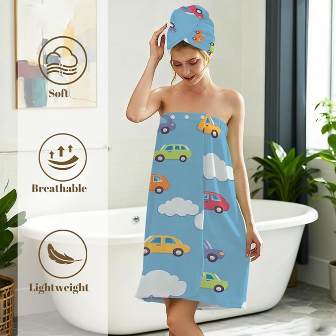 Women Bath Wrap Hair Towel Drying Cap Set Cute Adorable Cars Soft Absorbent Bathrobe Shower Wraps with Adjustable Closure Spa Bath Robe