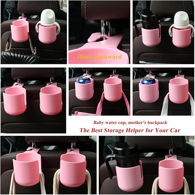 Car Seat Headrest Hook Organizer with Cup Holder - Universal Vehicle Storage Hanger for Handbags, Groceries, Backseat Organizer, Car Accessories Fit All Cars (Pink)