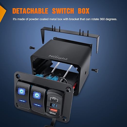 Nilight 2 Gang Rocker Switch Box 12V SPST ON Off PD Type C and QC 3.0 USB Charger Voltmeter Waterproof Aluminum Panel DIY Stickers for Boats Cars RVs Trucks
