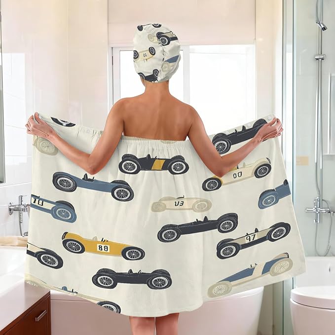 Women Bath Wrap Hair Towel Drying Cap Set Vintage Race Cars Print Soft Absorbent Bathrobe Shower Wraps with Adjustable Closure Spa Bath Robe