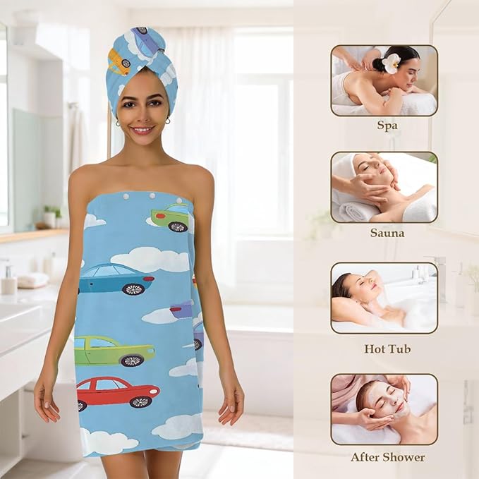 Women Bath Wrap Hair Towel Drying Cap Set Colorful Adorable Cars Clauds Soft Absorbent Bathrobe Shower Wraps with Adjustable Closure Spa Bath Robe