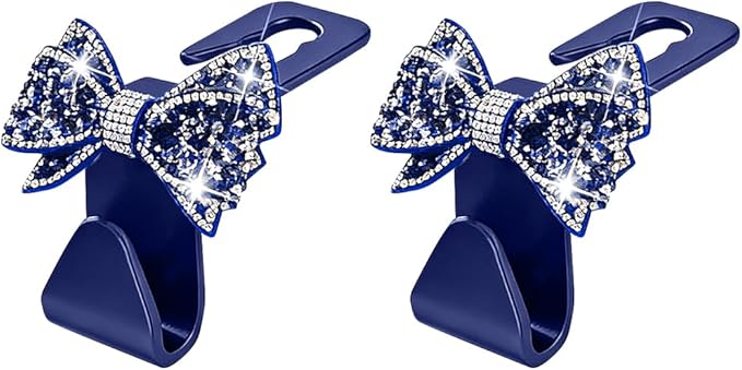 Zpana Bling Car Headreat Hook, 2PCS Crystal Rhinestone Cute Bow Vehicle Seat Back Hanger Storage for Purses Bags Grocery, Diamond Auto Rear Seat Organizer, Universal for SUV Truck Sedan (Blue)