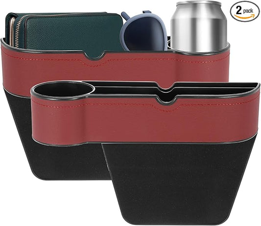 HARFINGTON 2pcs Car Seat Gap Filler Organizer 10.6 x 7.1 x 2.8 Inch ABS+Leather Universal Car Organizer Storage Box Between Seat and Console (Left+Right) with Cup Holders for Phone, Wine Red