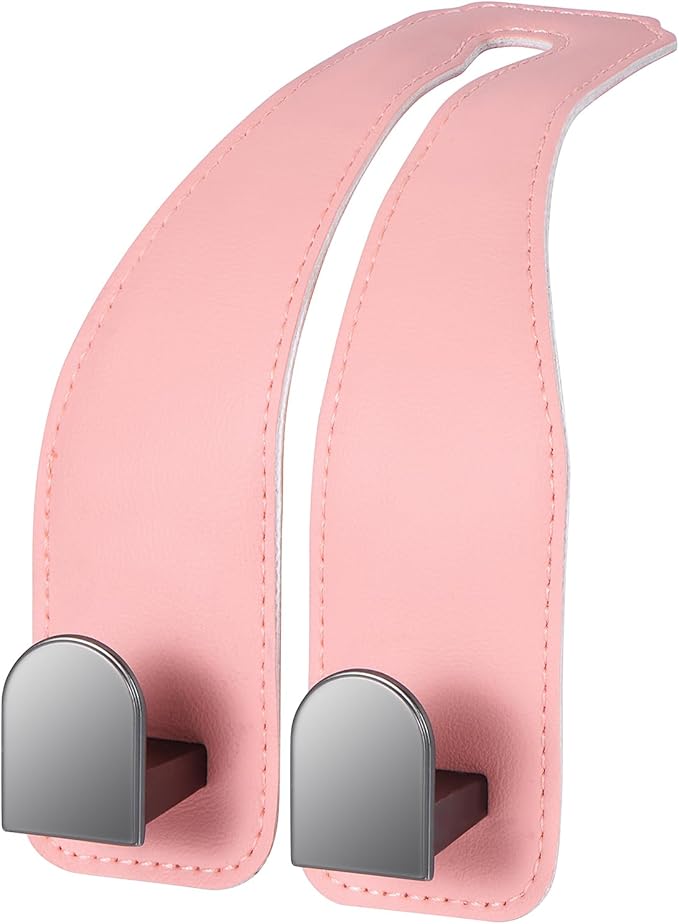 Car Hooks for Headrest, Leather Car Seat Back Storage Organizer Interior Accessories, Auto Seat Hook Hangers for Purse Umbrellas Handbag Clothes Coats Grocery Bags (Pink-1 Pack)