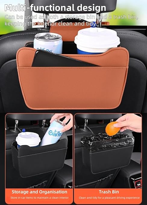 Car Leather Trash Can for Headrest, Hanging Garbage Bin, Waterproof Foldable Stroage Organizer for Car, Multipurpose Interior Accessories for SUV Truck RV Camping(Black Seat headrest)
