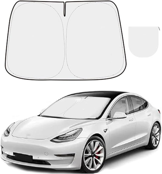 300T Sunshade for Tesla Model Y Model 3, Car Accessories 2026 for Tesla, Front Window Sunshade with Organizer Bag, Gifts for Tesla Owners