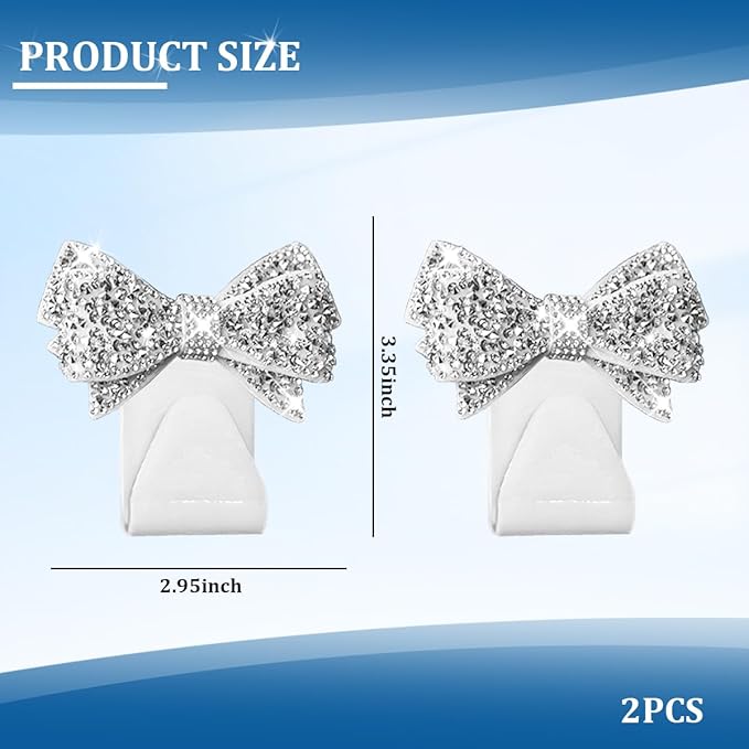 2PCS Bling Bow Car Seat Headrest Hook, Lovely Crystal Rhinestone Back Seat Storage Organizer for Handbag Purse Coat, Girly Sparkling Diamond Backseat Bag Hanger Holder, Universal Fit (White)