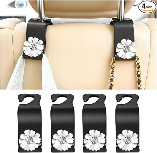 4PCS Bling Car Seat Headrest Hooks, Crystal Rhinestone Flower Vehicle Back Seat Hanger Holder Hook, Automotive Interior Hanging Storage Accessories for Purse Coats Bag, Universal Fit (White)