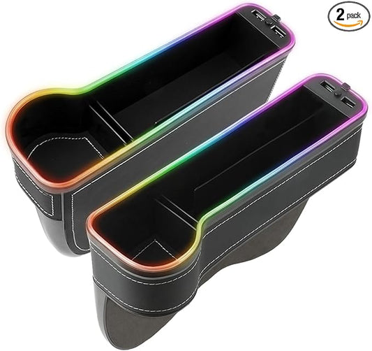 2 Pack Car Seat Gap Organizer Filler Multifunctional Seat Gap Storage Box with USB Fast Charger Car Seat Pockets with Led Light Car Seat Gap Filler with Cup Holder
