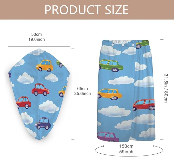 Women Bath Wrap Hair Towel Drying Cap Set Colored Cars Clauds Soft Absorbent Bathrobe Shower Wraps with Adjustable Closure Spa Bath Robe