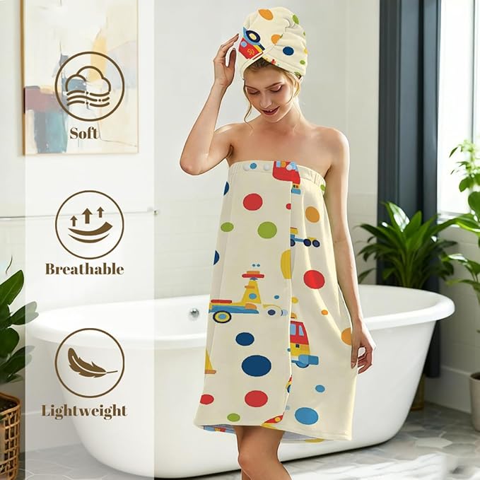 Women Bath Wrap Hair Towel Drying Cap Set Cartoon Colorful Trucks Cars Soft Absorbent Bathrobe Shower Wraps with Adjustable Closure Spa Bath Robe