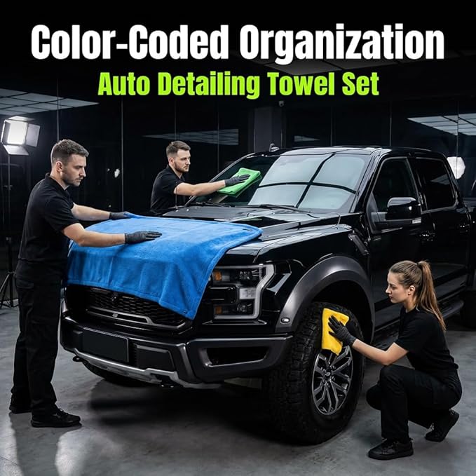 3-Pack Color-Coded Car Drying Towels (48"x24"/14"x24"/10"x10") 1200GSM Dual-Sided Twisted Loop & Coral Fleece - One Pass Save Time, Streak-Free, Scratch-Free for Cars, Trucks, SUVs