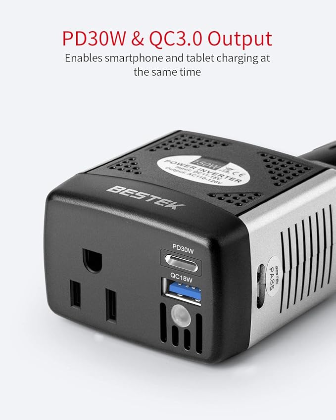 BESTEK 150W Power Inverter, DC 12V to AC 110V Voltage Converter PD 30W QC 18W Dual Charging Ports, Car Charger Power Adapter with Rotatable Plug & Safety Protection for Road Trip, Camping, Laptop