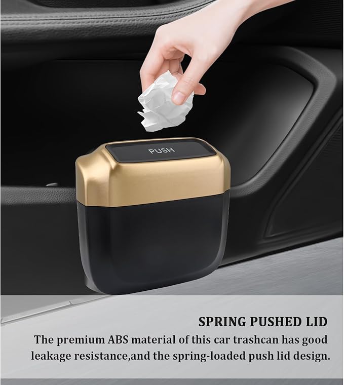 IHOTDER 2PCS Car Trash Can with Lid + 60PCS Garbage Bag,Mini Trash Can Car Interior Accessories,Multifunctional ABS Car Organizers and Storage (Gold)