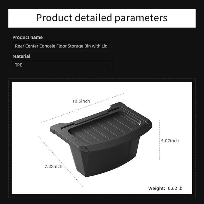 LUCKEASY Rear Center Console Floor Storage Box with Lid For Tesla Model Y Juniper 2025 2026 Storage Organizer Box with Lids Accessories TPE Black