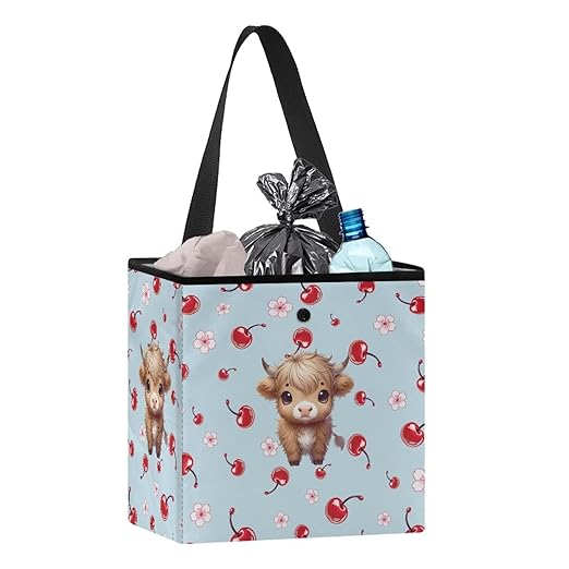 Car Trash Can Leak Proof Auto Trash Bag Hanging Vehicle Garbage Can Multipurpose Storage Container for Back Seat Car Accessories, Cherry Floral Highland Cattle Print