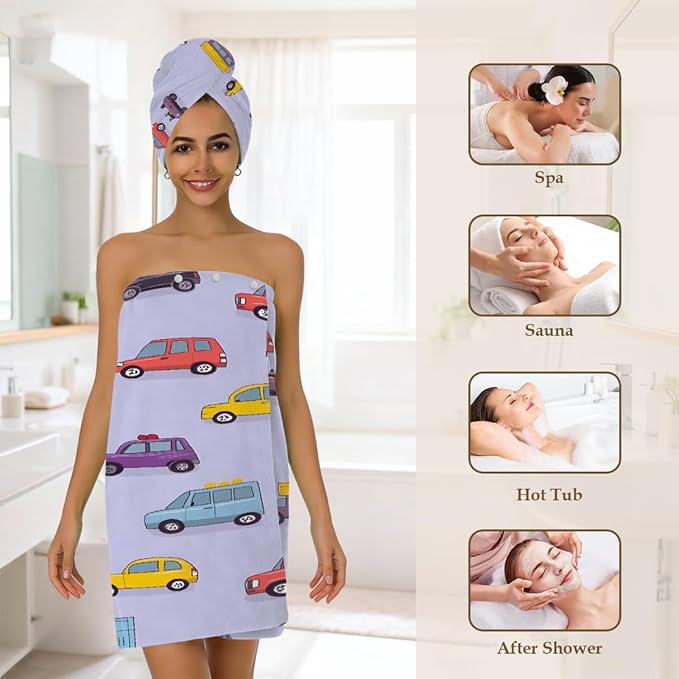 Women Bath Wrap Hair Towel Drying Cap Set Cute Cars Pattern Soft Absorbent Bathrobe Shower Wraps with Adjustable Closure Spa Bath Robe
