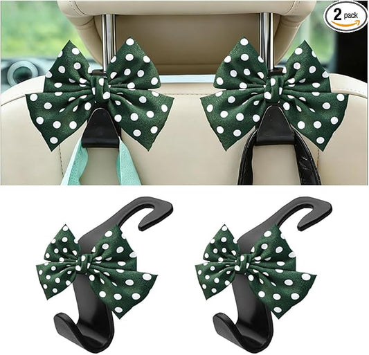 2PCS Car Seat Headrest Hooks, Cute Bow Vehicle Backseat Storage Hanger for Handbag Umbrella Coat, Automotive Seat Back Hook Holder Organizer Decor, Universal for Vehicles (Green Polka Dots)