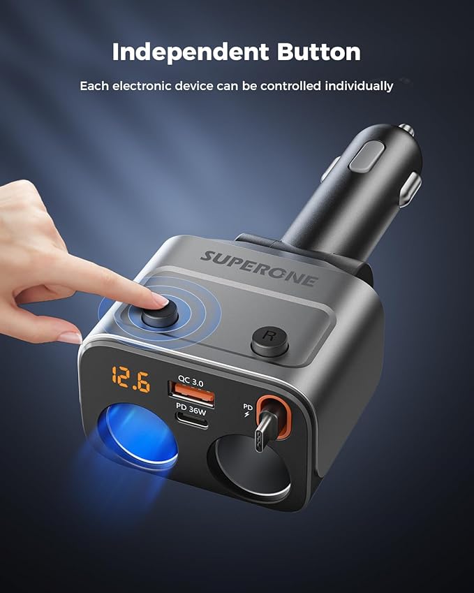 180W Cigarette Lighter Splitter w/Retractable 36W USB-C Cable, SUPERONE 2-Socket Cigarette Lighter Adapter with QC3.0 Car Charger Splitter for GPS/Dash Cam/Laptop/iPad/iPhone 17/16/15/14/13/12/11
